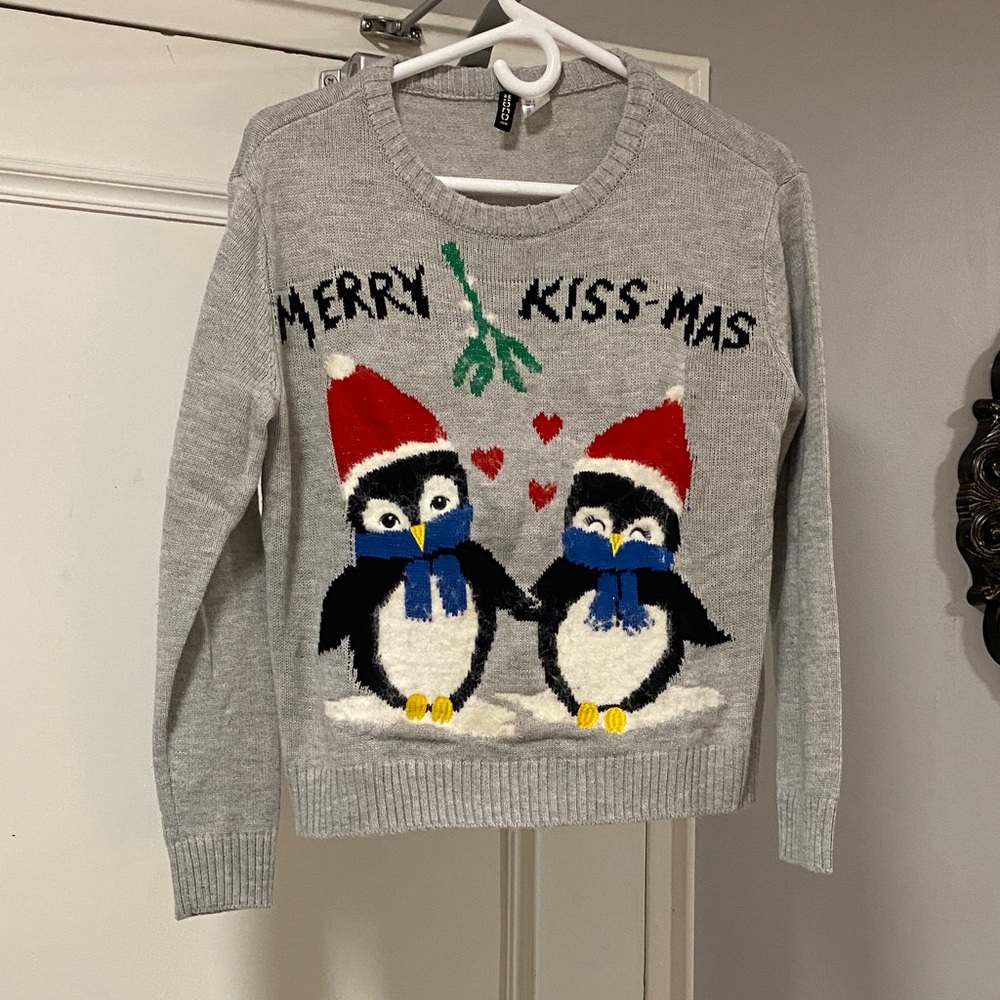 Divided Gray Penguin Christmas Sweater